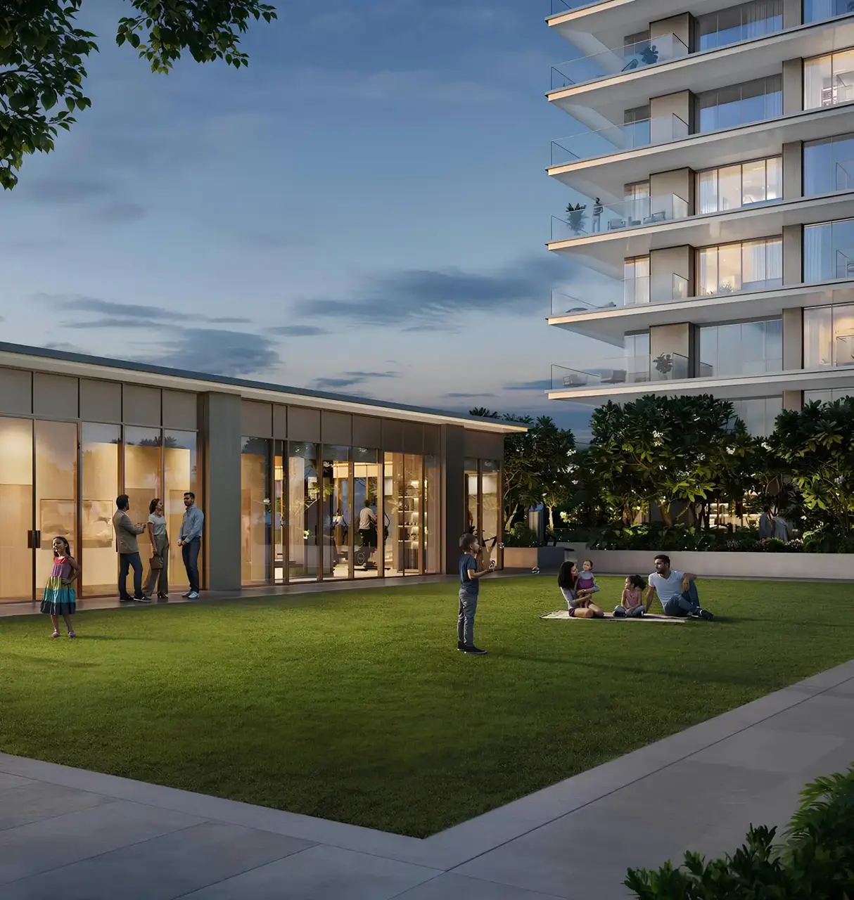 Silva at Dubai Creek Harbour by Emaar Properties landscaped community lawn with outdoor gathering spaces residential tower and clubhouse facilities in Dubai - Presented by Tohid Fetrat