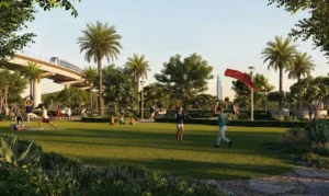 Silva at Dubai Creek Harbour by Emaar Properties community park with open green lawns palm trees landscaped gardens and recreational spaces in Dubai - Presented by Tohid Fetrat
