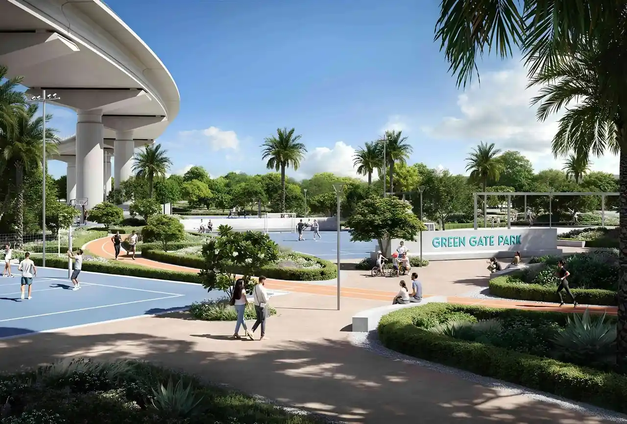 Silva at Dubai Creek Harbour by Emaar Properties Green Gate Park with sports courts walking paths landscaped gardens and recreational facilities in Dubai - Presented by Tohid Fetrat
