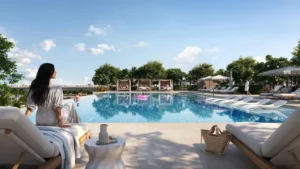 Silva at Dubai Creek Harbour by Emaar Properties resort style infinity pool with sun loungers private cabanas and landscaped leisure spaces in Dubai - Presented by Tohid Fetrat