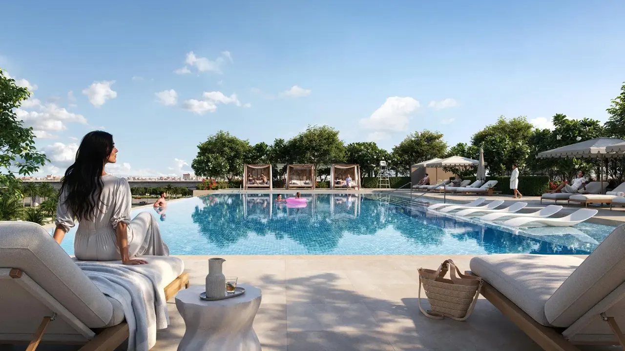 Silva at Dubai Creek Harbour by Emaar Properties resort style infinity pool with sun loungers private cabanas and landscaped leisure spaces in Dubai - Presented by Tohid Fetrat