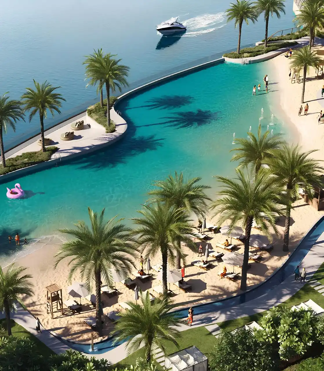 Silva at Dubai Creek Harbour by Emaar Properties waterfront lagoon beach with crystal clear waters palm lined leisure areas and sandy shoreline in Dubai - Presented by Tohid Fetrat