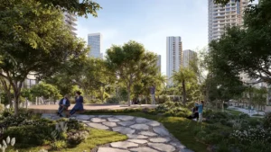 Silva at Dubai Creek Harbour by Emaar Properties landscaped community garden with walking paths shaded seating areas and residential towers in Dubai - Presented by Tohid Fetrat
