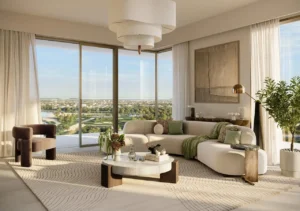Silva at Dubai Creek Harbour by Emaar Properties elegant living room interior with floor to ceiling windows contemporary furnishings and panoramic community views in Dubai - Presented by Tohid Fetrat