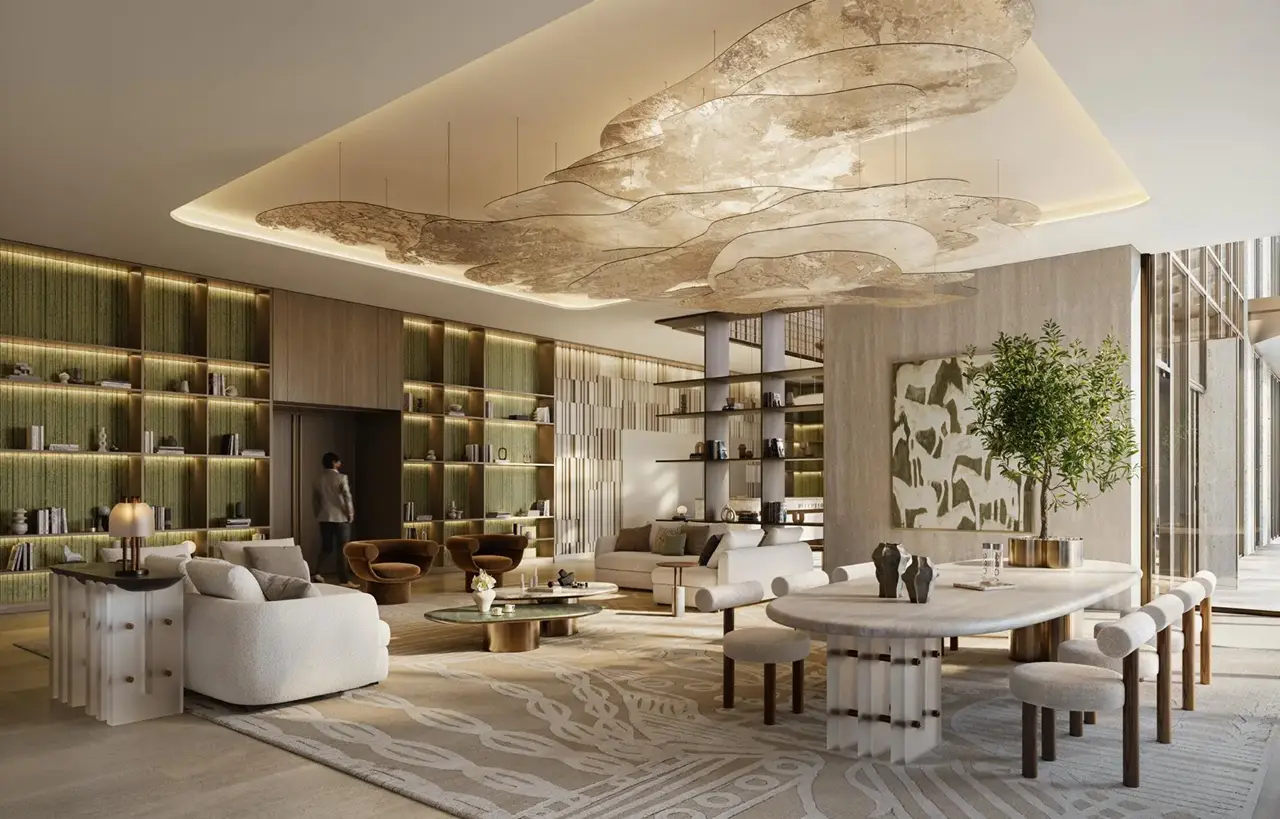 Silva at Dubai Creek Harbour by Emaar Properties luxury lobby interior with designer furnishings artistic ceiling feature and elegant lounge spaces in Dubai - Presented by Tohid Fetrat