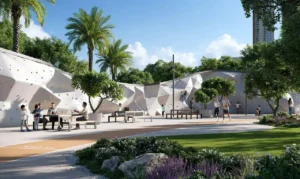 Silva at Dubai Creek Harbour by Emaar Properties outdoor recreation zone with climbing wall jogging path seating areas and landscaped gardens in Dubai - Presented by Tohid Fetrat