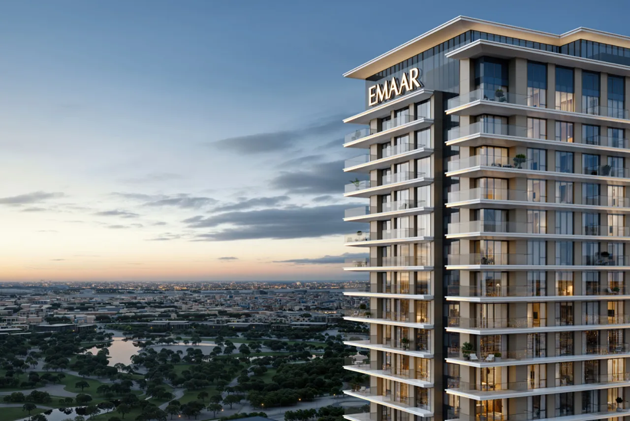Silva at Dubai Creek Harbour by Emaar Properties residential tower exterior overlooking landscaped surroundings and Dubai skyline at sunset in Dubai - Presented by Tohid Fetrat
