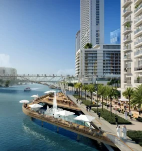 Silva at Dubai Creek Harbour by Emaar Properties waterfront promenade with pedestrian bridge marina views landscaped walkways and vibrant public spaces in Dubai - Presented by Tohid Fetrat