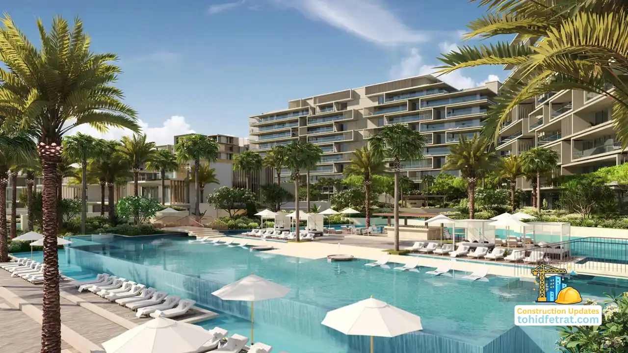 Six Senses Residences The Palm lagoon pool and landscaped amenities during the May 2026 construction update on Palm Jumeirah Presented by Tohid Fetrat