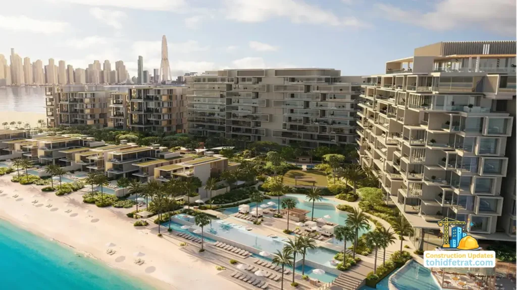 Six Senses Residences The Palm beachfront residential buildings with landscaped pools, private beach, and Dubai skyline, construction updates. Presented by Tohid Fetrat