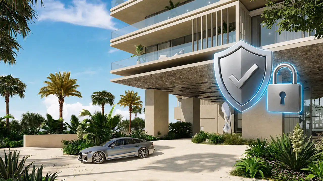 Six Senses Residences The Palm entrance with escrow account security icons representing protected buyer funds during property development Presented by Tohid Fetrat