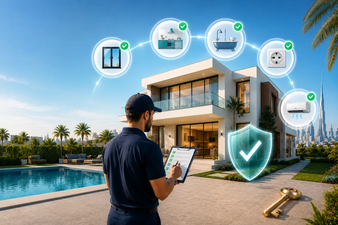 Snagging Checklist for Dubai Handovers showing a professional inspector verifying windows kitchen bathroom electrical systems and air conditioning before property acceptance Presented by Tohid Fetrat
