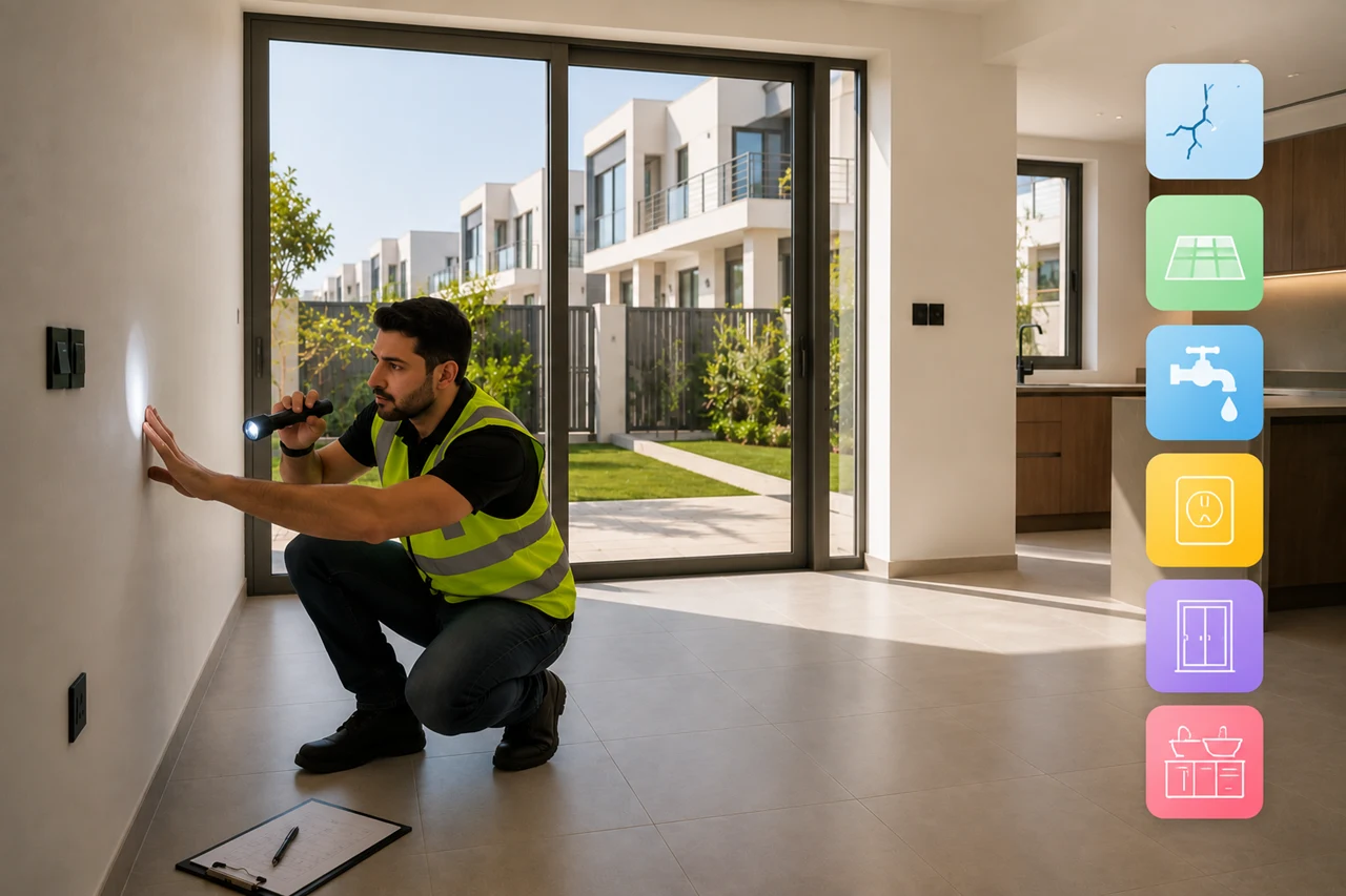 Snagging Inspection Before Property Handover featuring a professional inspector examining a newly completed home interior before handover in Dubai Presented by Tohid Fetrat