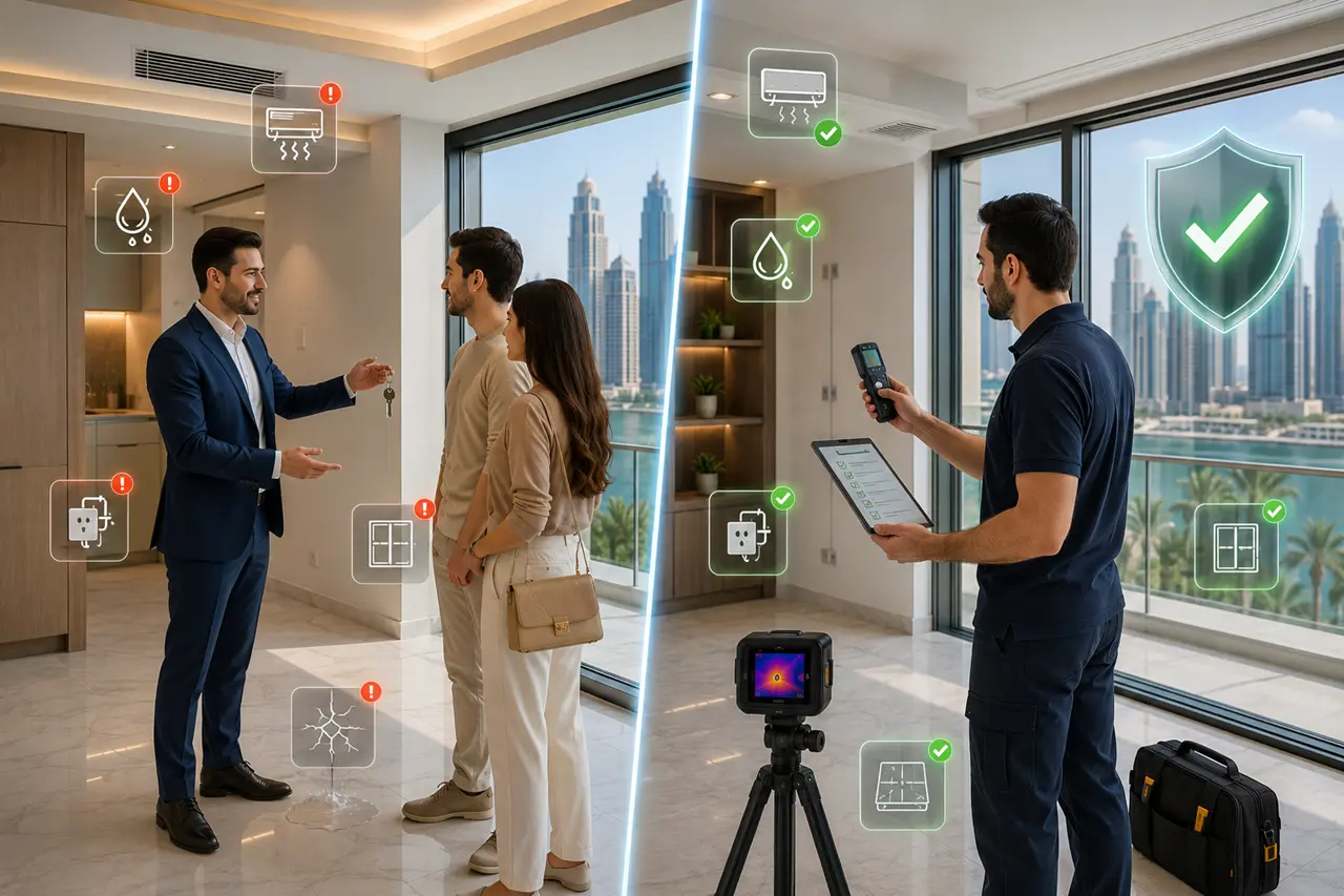 Side by side comparison of a developer handover inspection and an independent snagging inspection for a Dubai property Presented by Tohid Fetrat