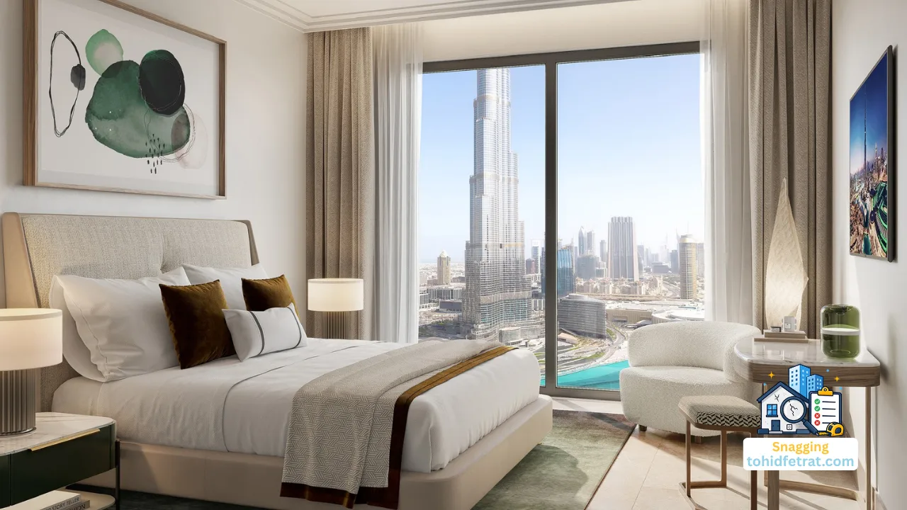 Luxury bedroom at The St. Regis Residences in Downtown Dubai featuring premium interior finishes and Burj Khalifa views highlighting the importance of an independent inspection before handover. Presented by Tohid Fetrat
