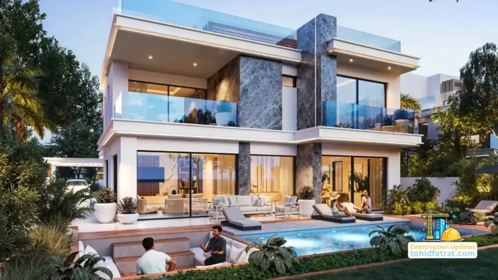Luxury waterfront villa exterior with private swimming pool and landscaped outdoor living spaces at Tahiti at DAMAC Islands 2 Construction Updates, Presented by Tohid Fetrat