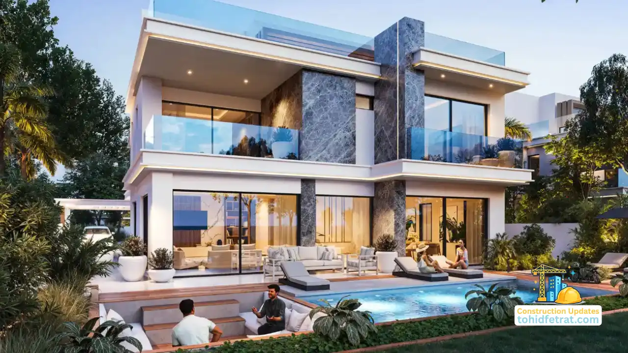 Luxury waterfront villa exterior with private swimming pool and landscaped outdoor living spaces at Tahiti at DAMAC Islands 2 Construction Updates, Presented by Tohid Fetrat