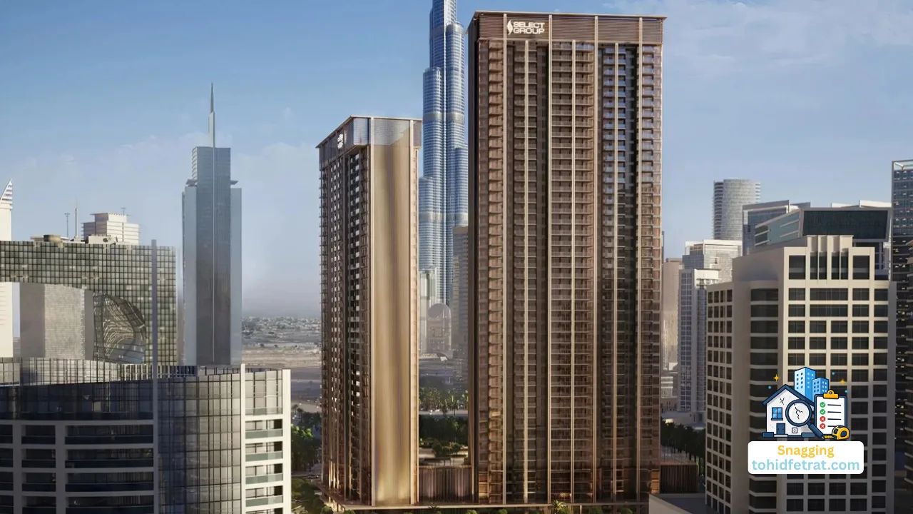 The Edge Snagging Inspection showing The Edge residential towers in Business Bay with exterior building finishes and pre handover inspection considerations Presented by Tohid Fetrat