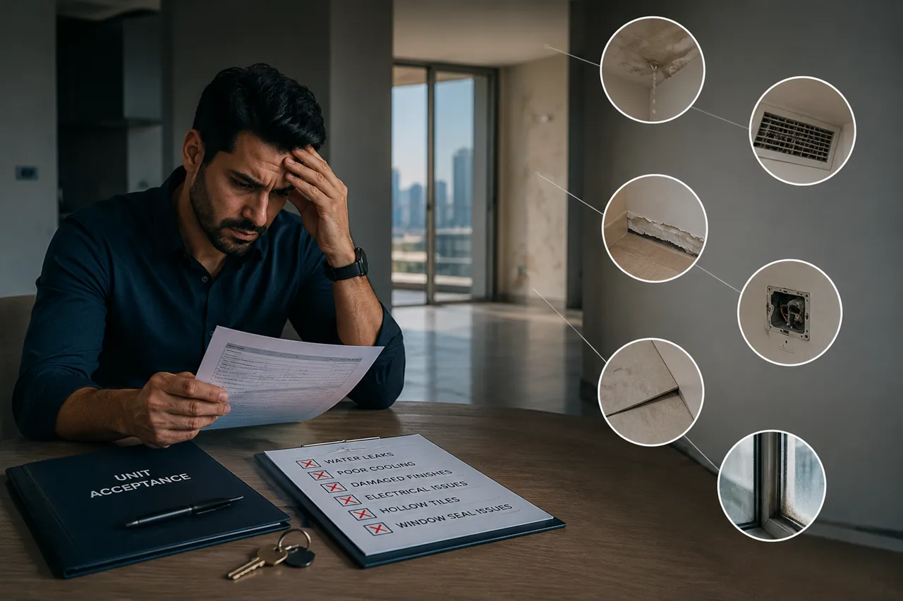 The Mistake to Avoid showing a buyer accepting a property before identifying water leaks cooling faults electrical issues tile defects and window sealing problems in Dubai Presented by Tohid Fetrat