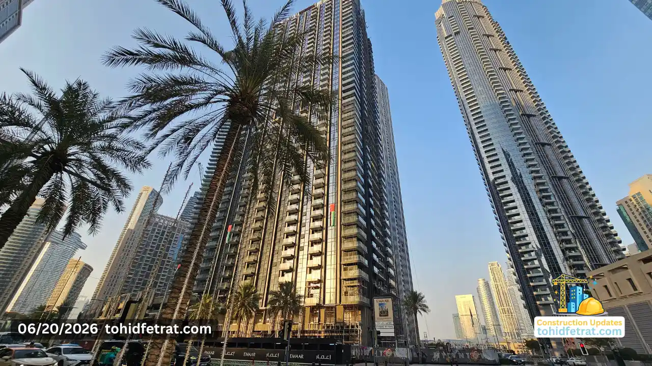 The St. Regis Residences Downtown Dubai construction update on 20 June 2026 showing tower progress from street level with surrounding skyline Captured by Tohid Fetrat