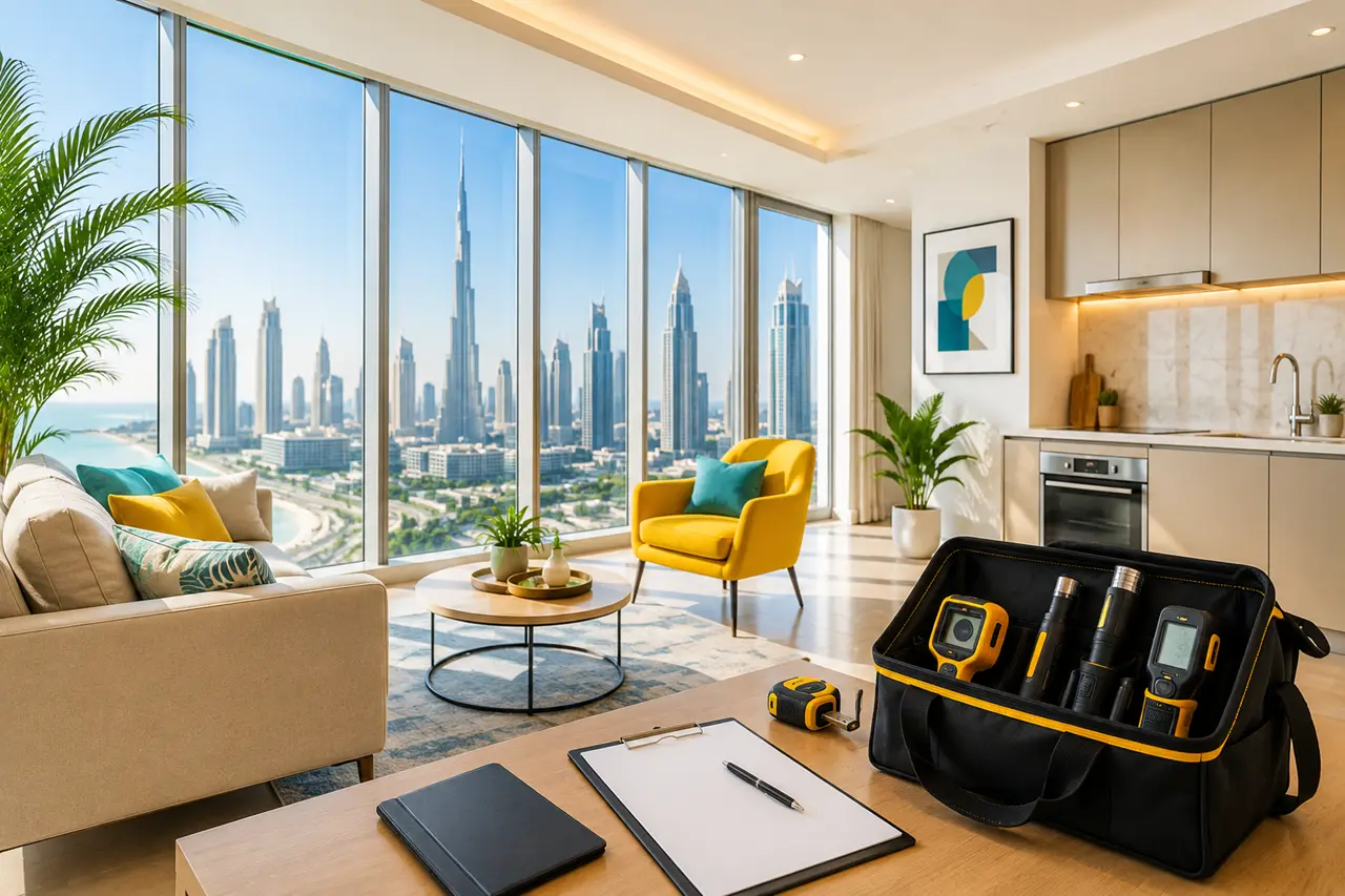 Professional snagging inspection tools and equipment prepared for a detailed property inspection inside a luxury Dubai home Presented by Tohid Fetrat