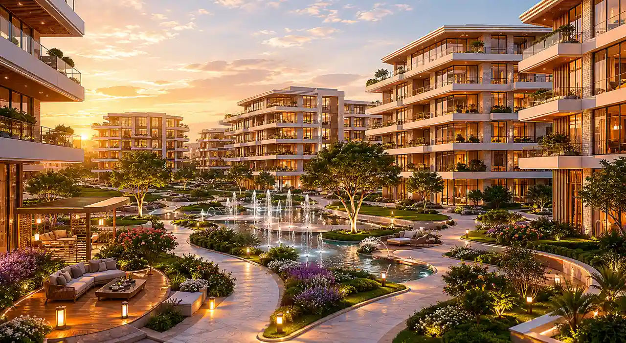 The Yards by Beyond Developments featuring luxury low-rise residences, landscaped gardens, waterfront-inspired living, premium community amenities, and contemporary residential architecture in Dubai. Presented by Tohid Fetrat