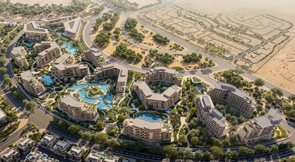 The Yards Masterplan by Beyond Developments showcasing the community layout, residential districts, landscaped green spaces, resort-style amenities, pedestrian connections, and future development zones within The Yards master community in Dubai. Presented by Tohid Fetrat