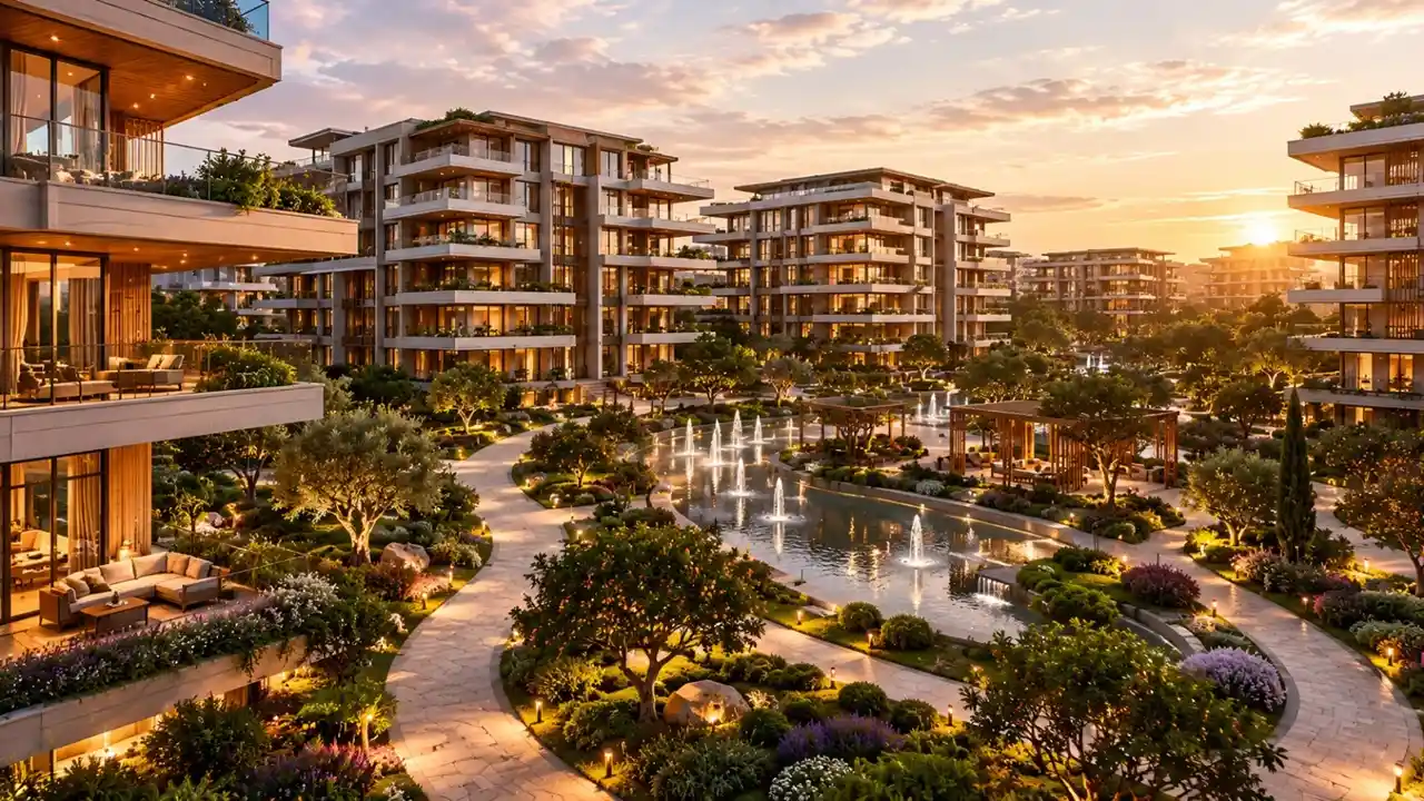 The Yards Properties for Sale overlooking illuminated landscaped gardens, water features, and contemporary residential buildings at sunset Presented by Tohid Fetrat