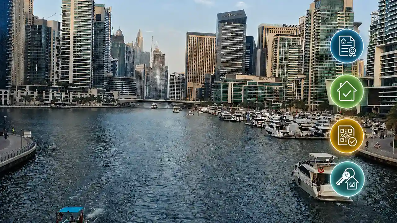 Title Deed in Dubai illustrated with a Dubai Marina waterfront view highlighting property ownership verification and registration process Captured by Tohid Fetrat