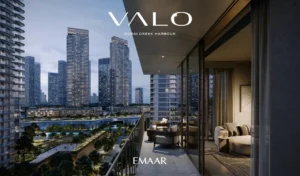 VALO at Dubai Creek Harbour by Emaar Properties luxury apartment balcony overlooking the waterfront skyline and residential towers in Dubai - Presented by Tohid Fetrat
