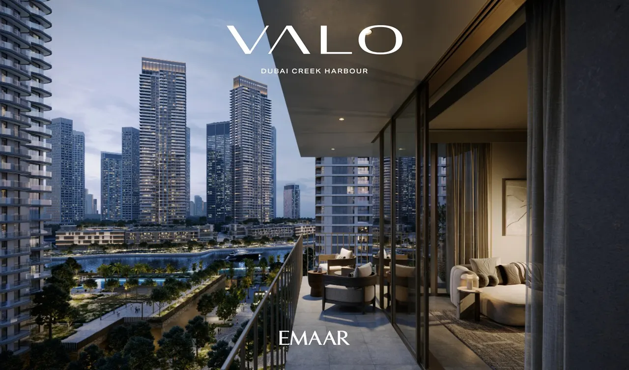 VALO at Dubai Creek Harbour by Emaar Properties luxury apartment balcony overlooking the waterfront skyline and residential towers in Dubai - Presented by Tohid Fetrat