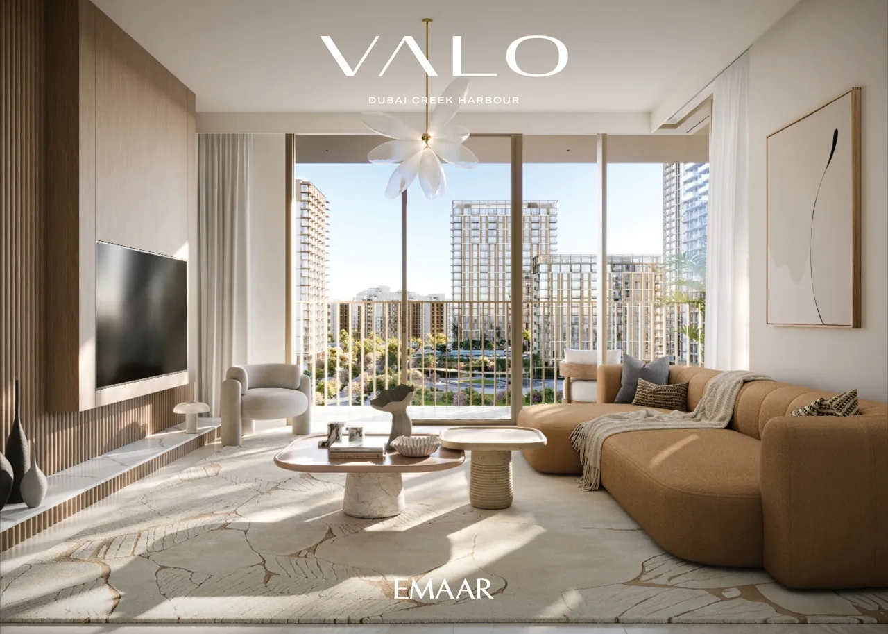 VALO at Dubai Creek Harbour by Emaar Properties contemporary apartment living room with floor to ceiling windows and community views in Dubai - Presented by Tohid Fetrat