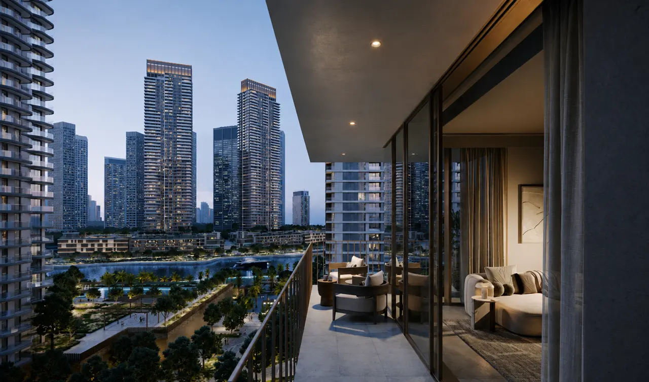 VALO at Dubai Creek Harbour by Emaar Properties private balcony overlooking waterfront skyline and landscaped community views in Dubai - Presented by Tohid Fetrat