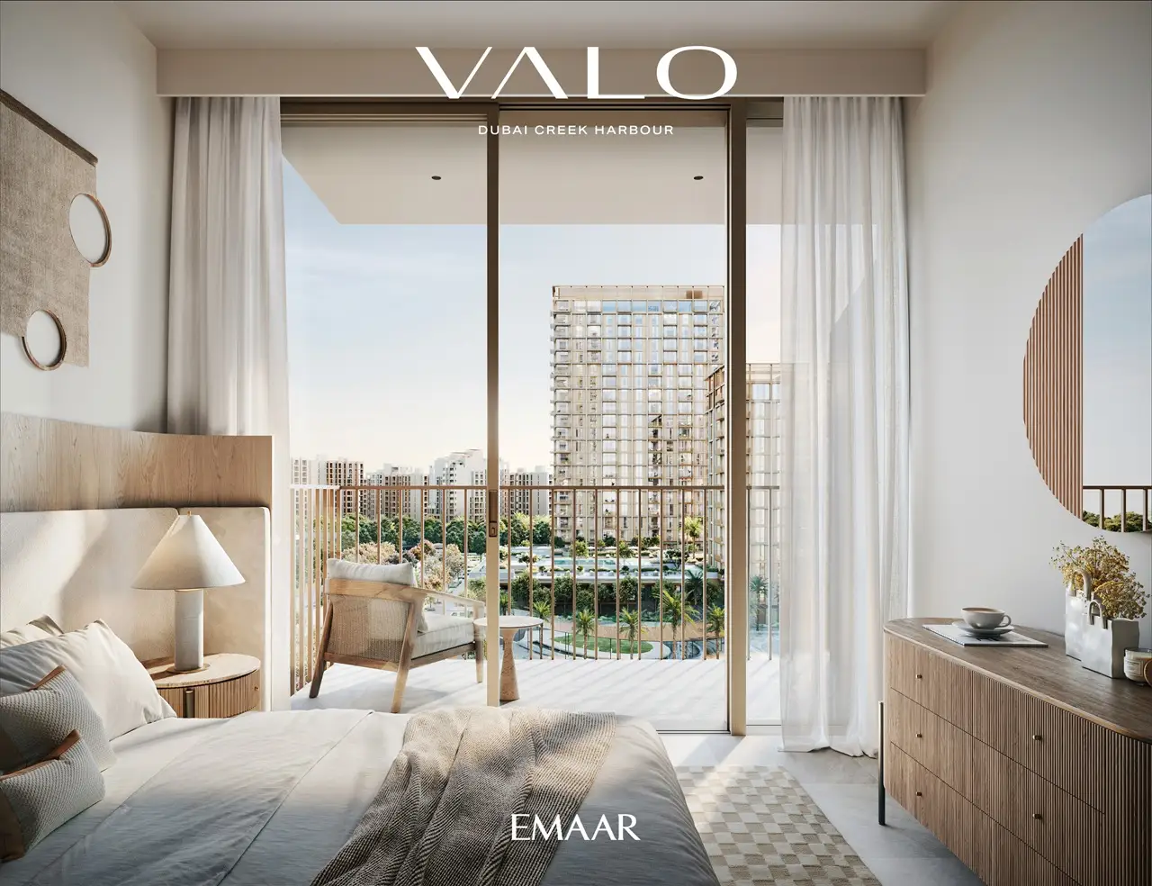 VALO at Dubai Creek Harbour by Emaar Properties bedroom interior with private balcony and community views in Dubai - Presented by Tohid Fetrat