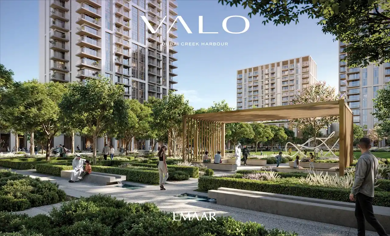 VALO at Dubai Creek Harbour by Emaar Properties landscaped community park with walking paths and residential towers in Dubai - Presented by Tohid Fetrat