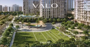 VALO at Dubai Creek Harbour by Emaar Properties community park with open green spaces landscaped gardens and residential towers in Dubai - Presented by Tohid Fetrat