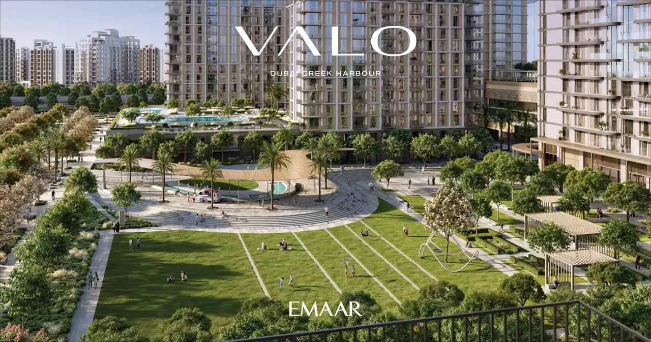 VALO at Dubai Creek Harbour by Emaar Properties community park with open green spaces landscaped gardens and residential towers in Dubai - Presented by Tohid Fetrat