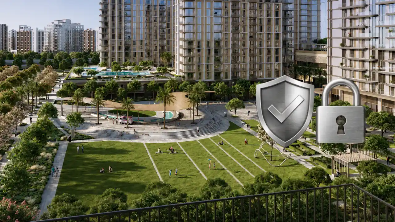 VALO at Dubai Creek Harbour by Emaar Properties landscaped community park with escrow account security concept illustration in Dubai - Presented by Tohid Fetrat