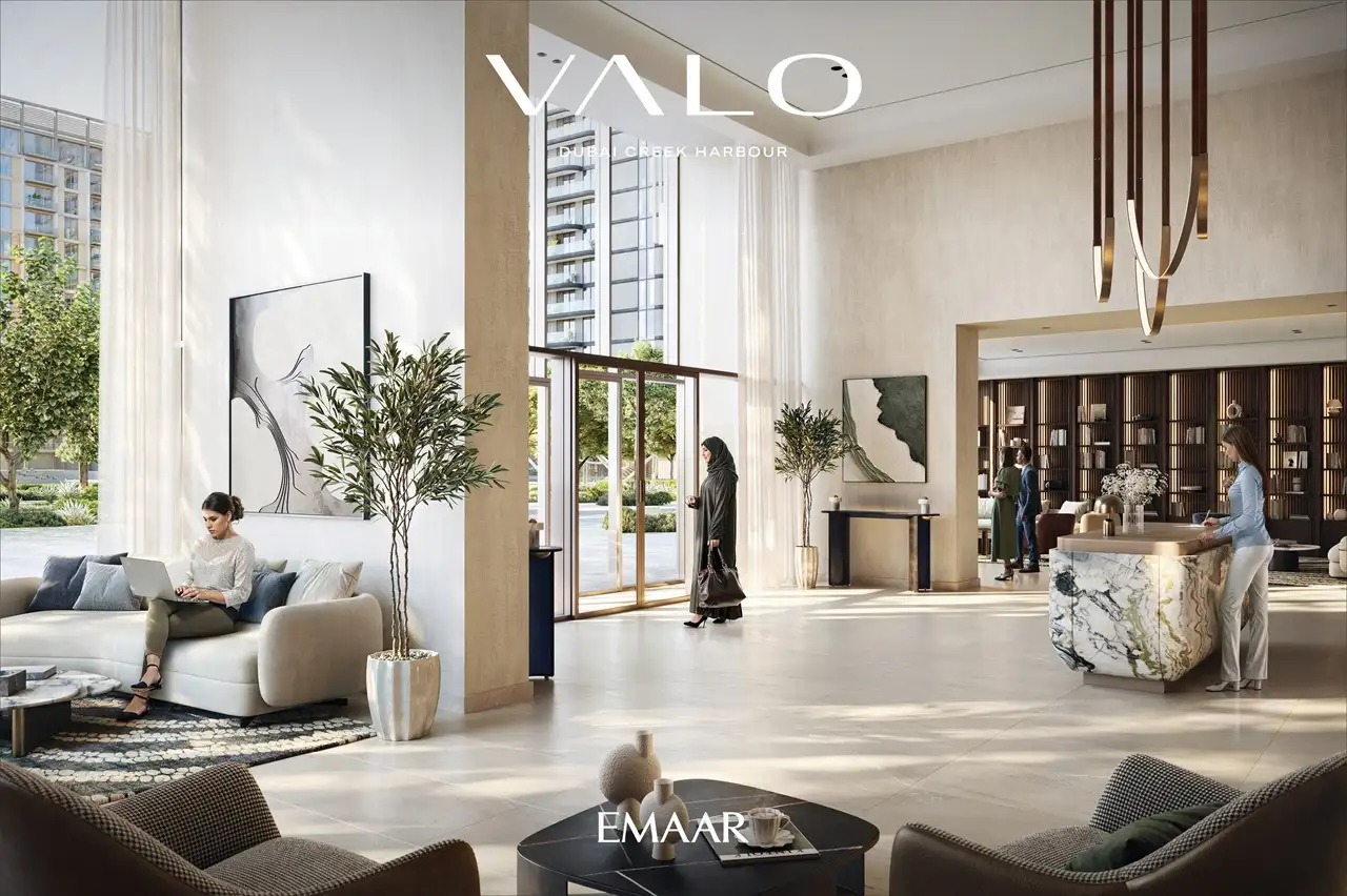 VALO at Dubai Creek Harbour by Emaar Properties luxury lobby interior with reception desk lounge seating and double height spaces in Dubai - Presented by Tohid Fetrat