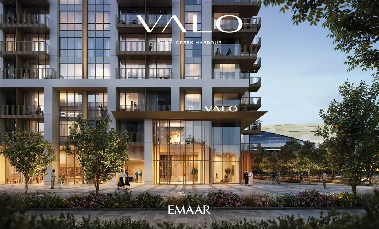 VALO at Dubai Creek Harbour by Emaar Properties residential tower entrance with landscaped surroundings and contemporary architecture in Dubai - Presented by Tohid Fetrat