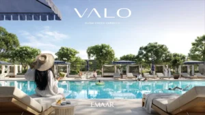 VALO at Dubai Creek Harbour by Emaar Properties resort style swimming pool with cabanas and leisure amenities in Dubai - Presented by Tohid Fetrat
