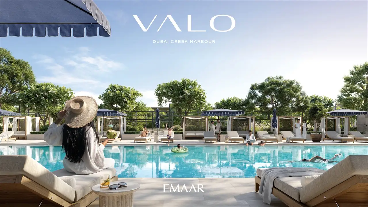 VALO at Dubai Creek Harbour by Emaar Properties resort style swimming pool with cabanas and leisure amenities in Dubai - Presented by Tohid Fetrat