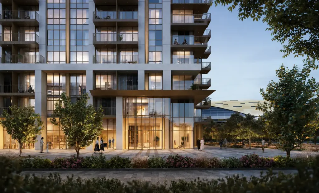 VALO at Dubai Creek Harbour by Emaar Properties residential tower entrance with illuminated lobby and landscaped pedestrian plaza in Dubai - Presented by Tohid Fetrat