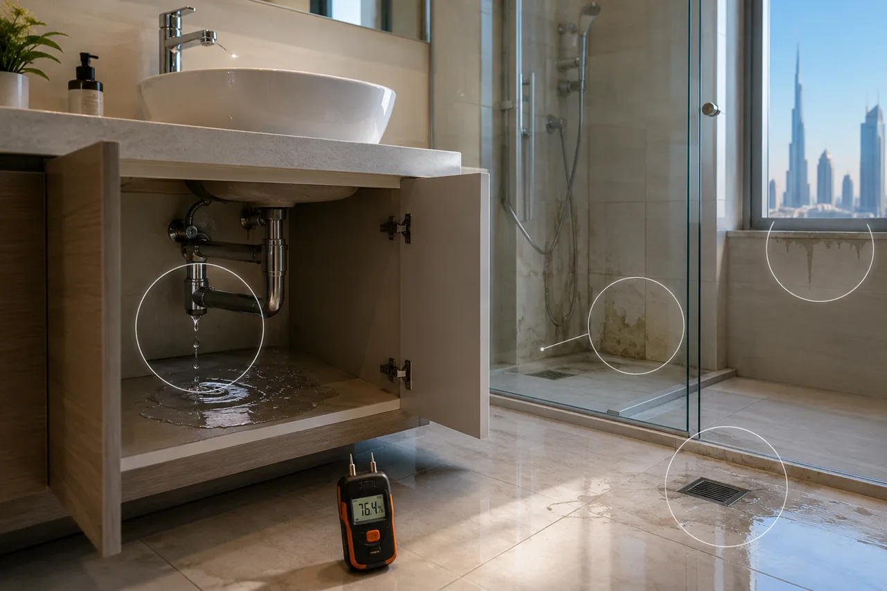 Water Ingress and Leaks inspection showing plumbing leaks moisture damage water staining and drainage issues inside a Dubai bathroom Presented by Tohid Fetrat