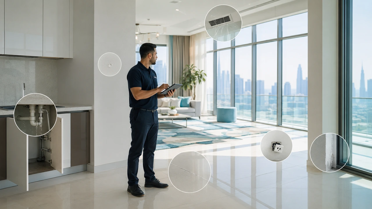 What Counts as a Snag showing a property inspector identifying common defects including plumbing issues wall damage flooring defects electrical faults and window finish problems in a Dubai apartment Presented by Tohid Fetrat