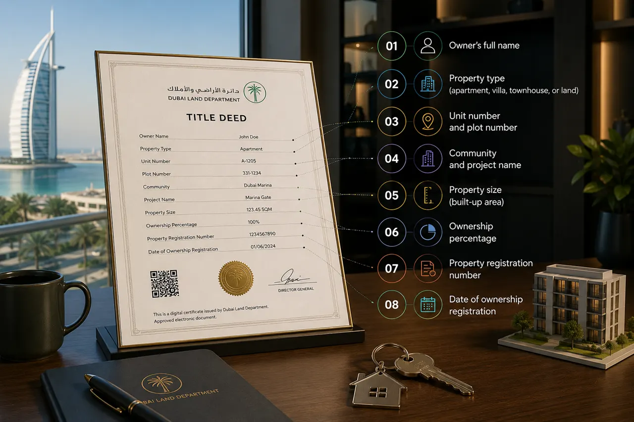 What Information Is Included in a Dubai Title Deed featuring a Dubai Land Department title deed displaying key ownership details property information and registration data Presented by Tohid Fetrat