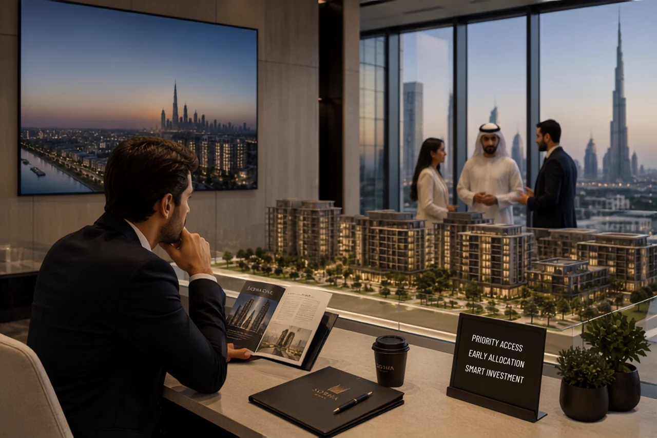 What Is an Expression of Interest EOI in Dubai Off Plan Real Estate showing investors reviewing a development model during early project registration and allocation discussions Presented by Tohid Fetrat
