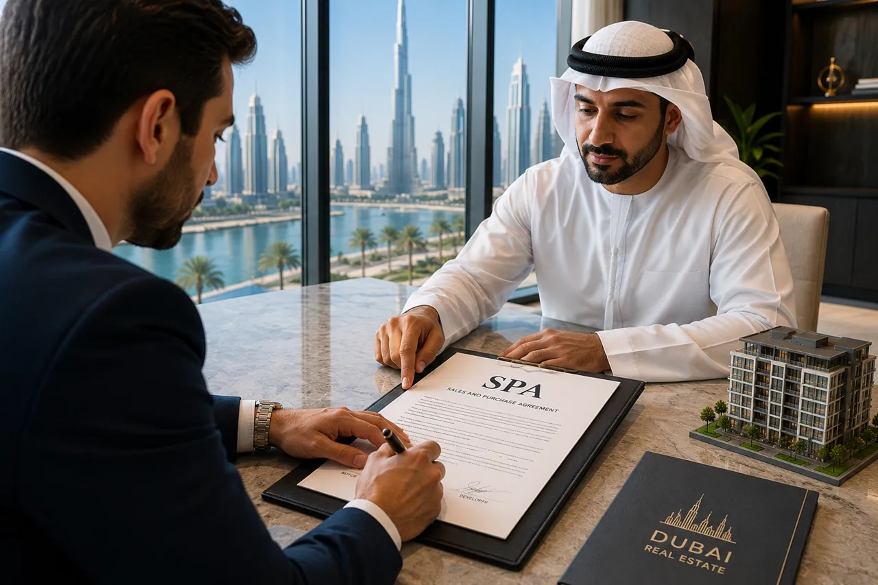 What Is an SPA Sales and Purchase Agreement showing a Dubai property buyer reviewing and signing a real estate purchase contract with a developer representative Presented by Tohid Fetrat