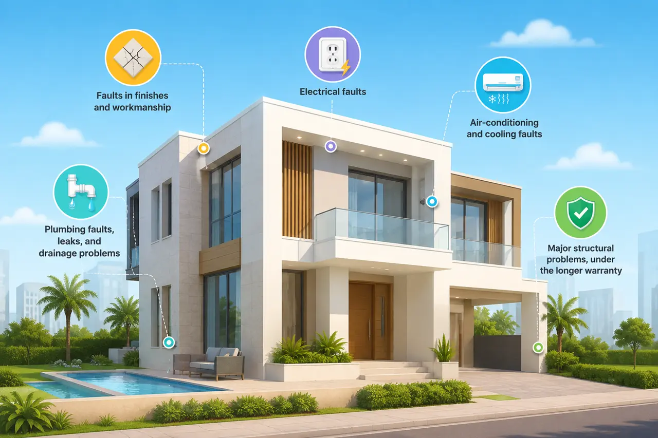 What Is Covered under defect liability and warranty protection in Dubai showing coverage for workmanship defects plumbing issues electrical faults air conditioning problems and major structural elements Presented by Tohid Fetrat