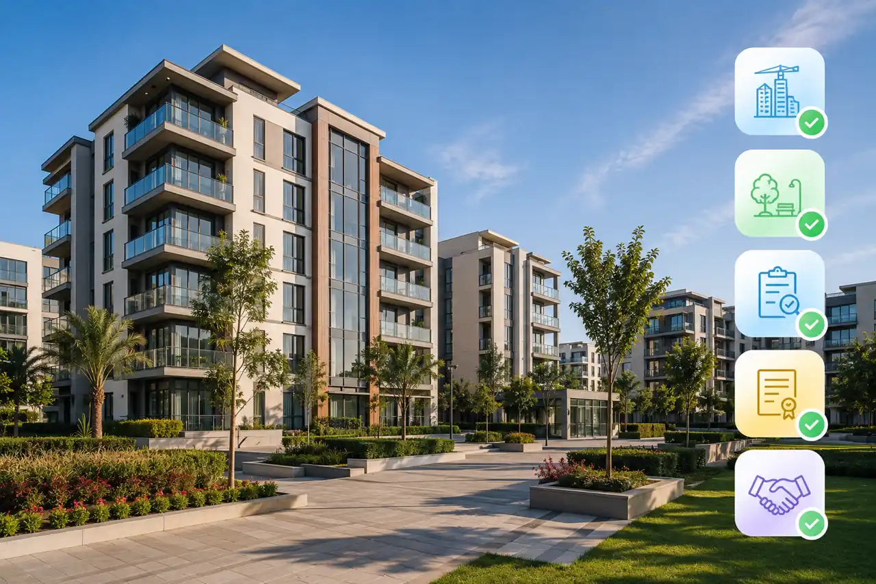 What is Project Completion in Dubai Real Estate featuring a completed residential development with landscaped surroundings representing a ready for handover property in Dubai Presented by Tohid Fetrat
